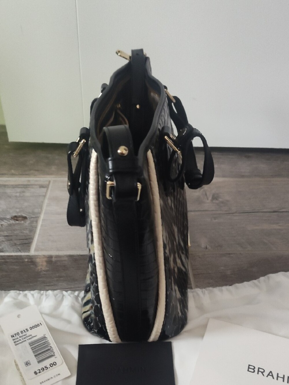 Brahmin Black & Cream Textured Shoulder Satchel with Tassel Charm - Picture 6 of 9